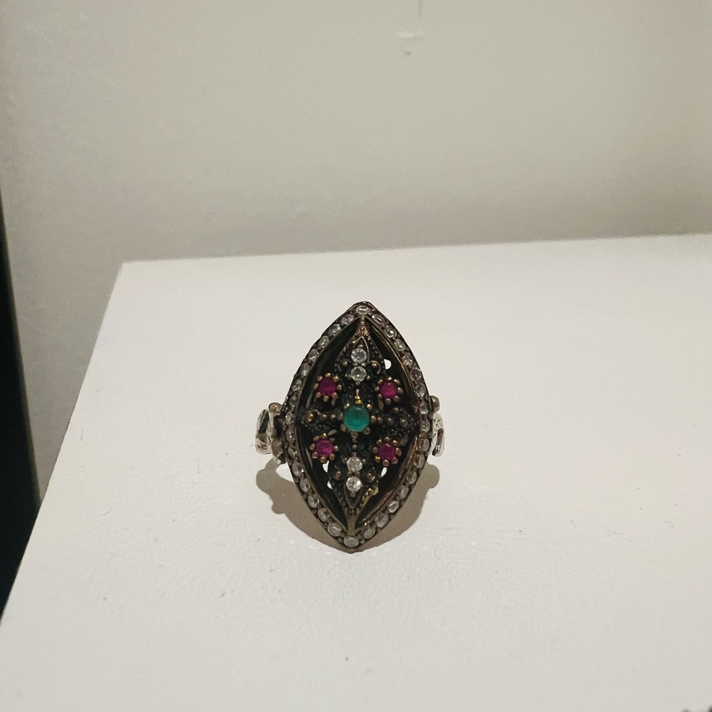 .925 Antique emerald ruby cz ring size 7.5